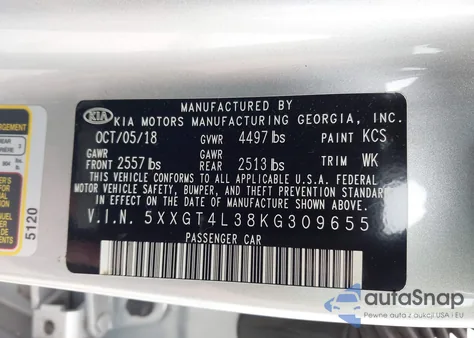 2019 Kia Optima Lx из США, поврежденный, VIN 5XXGT4L38KG309655